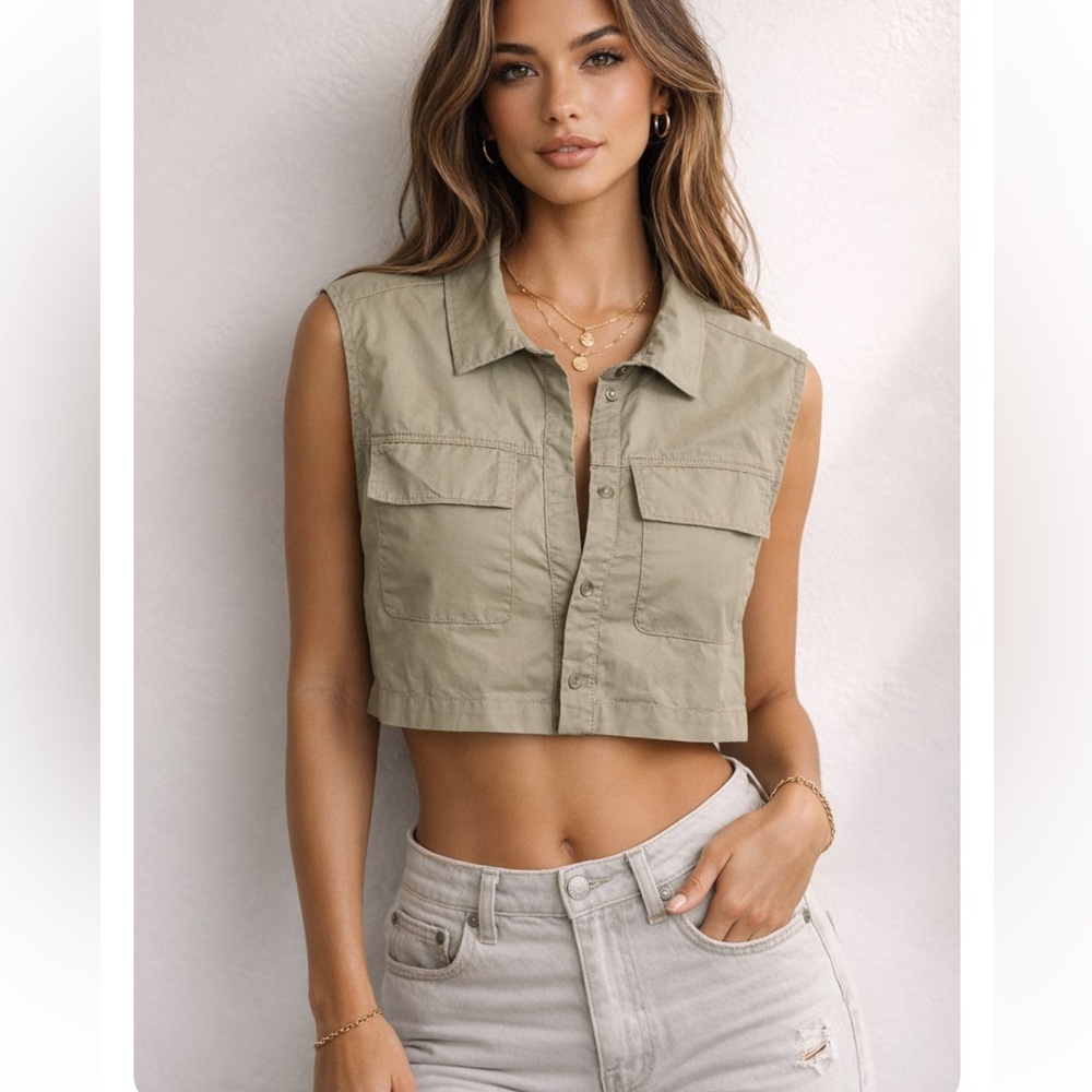 House of Harlow 1960 Olive Utility Vest Cropped Sleeveless Top Size L EUC